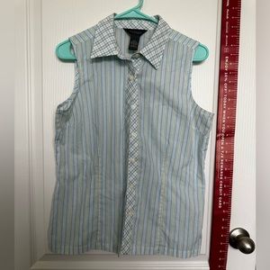 Van Heusen Women's Sz M Sleeveless Button Up Blouse Blue&Green Stripe Collared